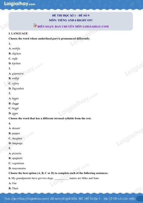 Đề thi học kì 1 Tiếng Anh 6 Right on! - Đề số 9